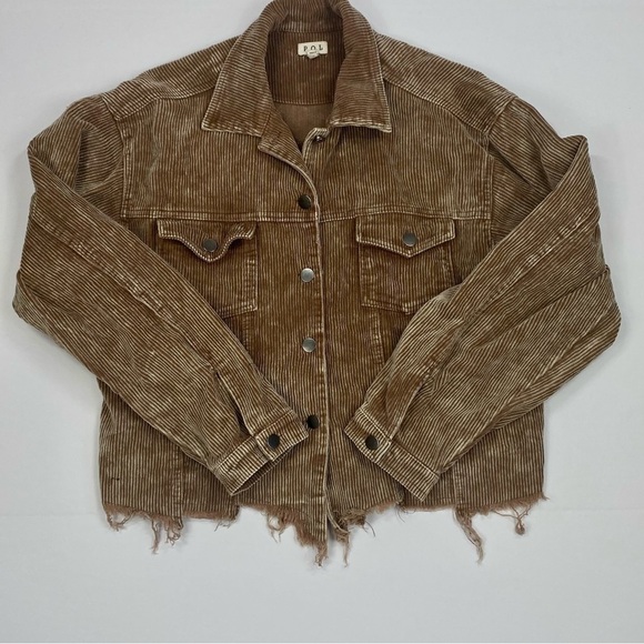 POL Brown Corduroy Distressed Jean Jacket Size M Raw Hem Oversized - Picture 11 of 12